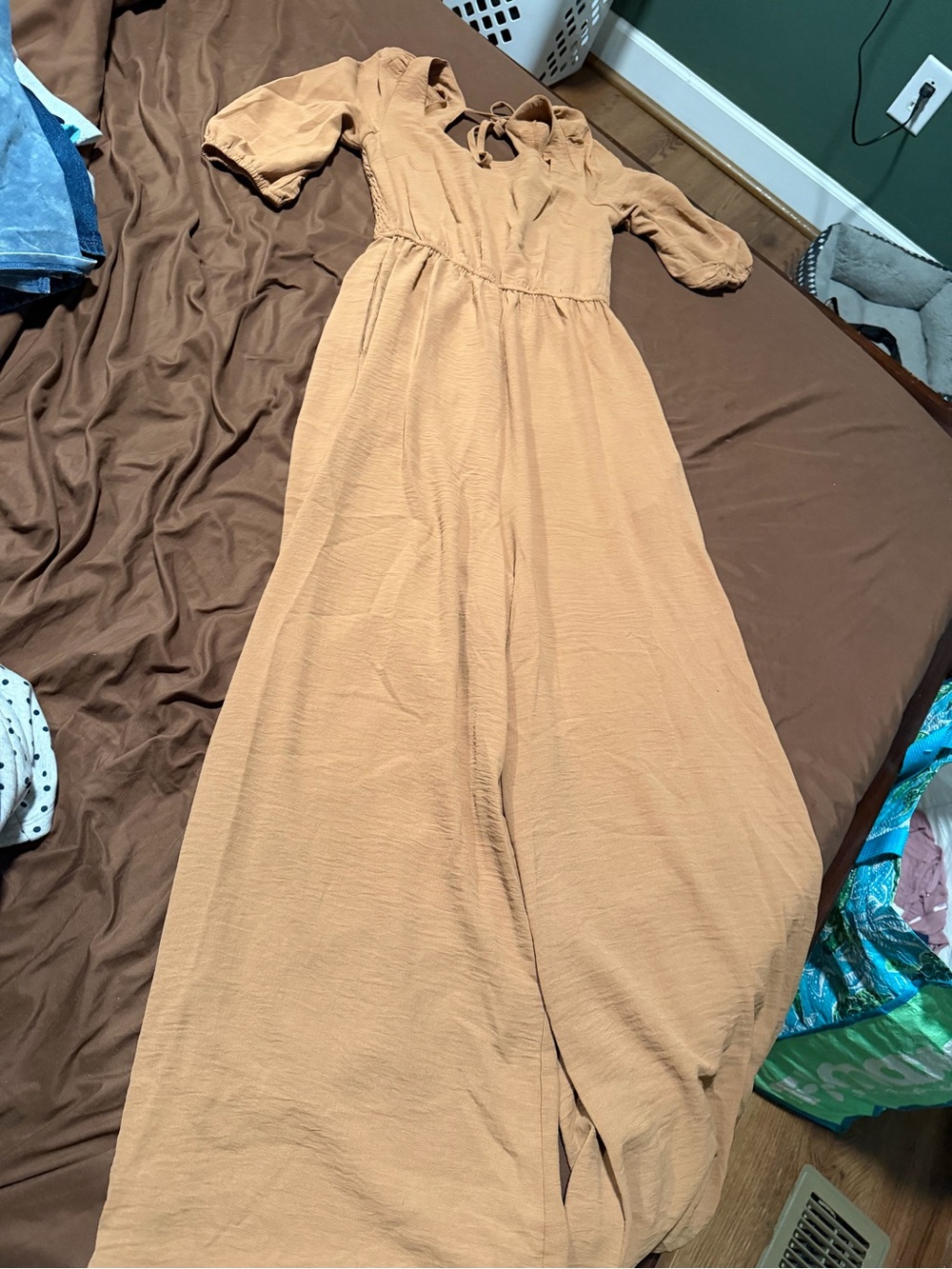 Pink Lily Camel Tan Smocked Wide Leg Jumpsuit XS